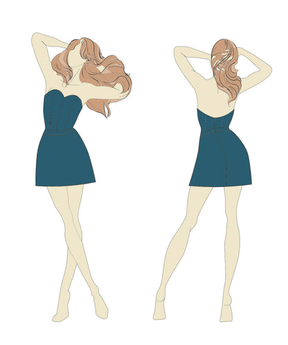 Illustration du patron de couture PDF Robe - XS - L - AMELY, niveau intermédiaire, tailles XS à L, à télécharger en format A4/A0/US Letter.