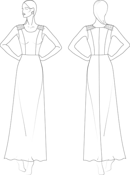 Croquis du patron de couture PDF à télécharger pour Robe - XS-L - DARK LAGUNA, vue avant et arrière, niveaux intermédiaire.