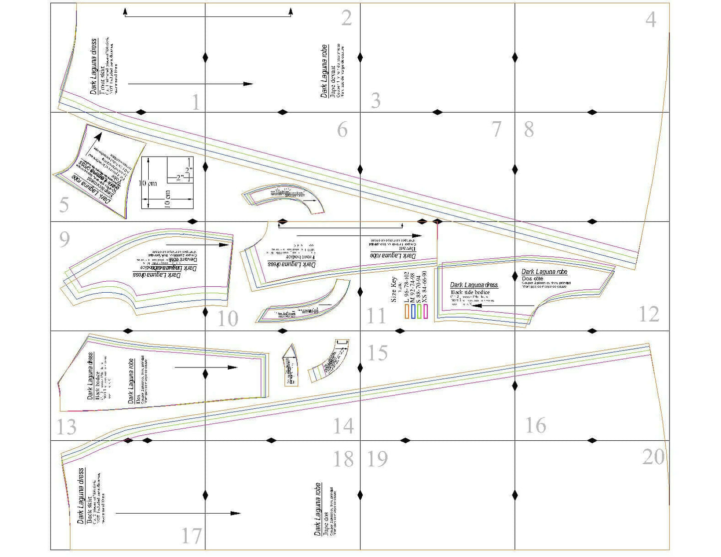 Patron de couture PDF à télécharger pour Robe - XS-L - DARK LAGUNA, illustration de motifs et guide de couture, tailles XS à L.