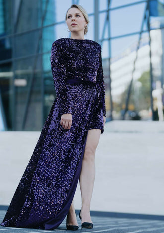 Robe - XS-XL - ARTISTA et jupe en sequins violets, modèle féminin élégant, disponible en PDF, patron de couture à télécharger.