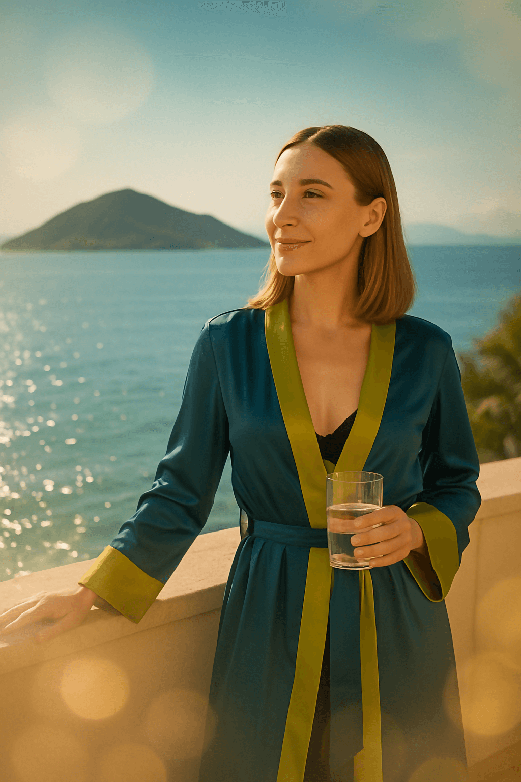 Femme portant une robe bleue avec des détails verts, tenant un verre d'eau, devant une vue sur la mer - Robe - XS-XL - DOLCE FIORE.