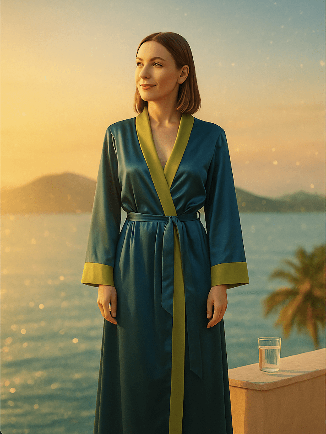 Robe - XS-XL - DOLCE FIORE portée par une femme au coucher de soleil, adapté niveau intermédiaire, patron de couture pdf à télécharger.