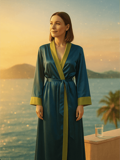 Robe - XS-XL - DOLCE FIORE portée par une femme au coucher de soleil, adapté niveau intermédiaire, patron de couture pdf à télécharger.