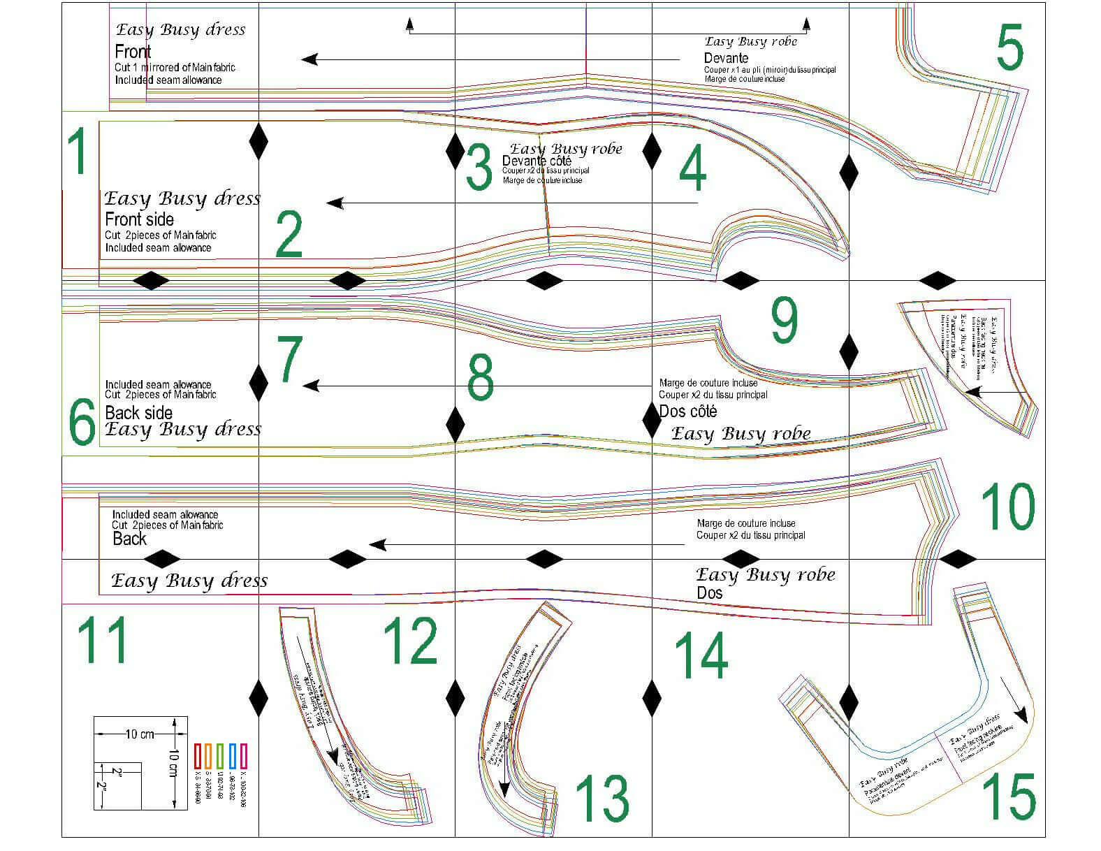 Patron de couture PDF à télécharger pour Robe - XS-XL - EASY BUSY, niveau intermédiaire à expert, tailles XS à XL, formats A4/A0.