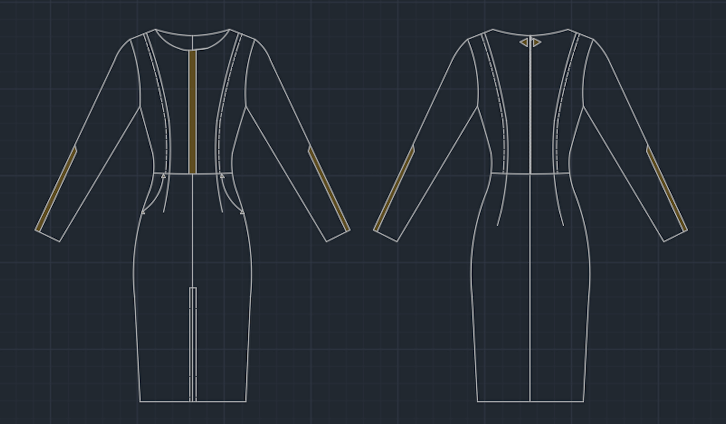 Vue technique du patron de couture PDF à télécharger pour la robe - XS|L - IMPRESS, montrant les détails du design avant et arrière.