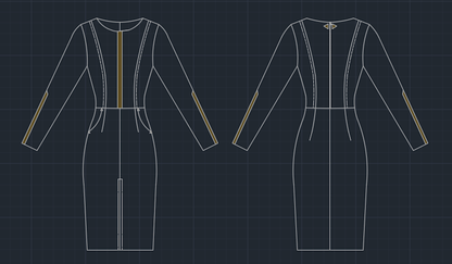 Vue technique du patron de couture PDF à télécharger pour la robe - XS|L - IMPRESS, montrant les détails du design avant et arrière.