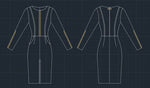 Vue technique du patron de couture PDF à télécharger pour la robe - XS|L - IMPRESS, montrant les détails du design avant et arrière.