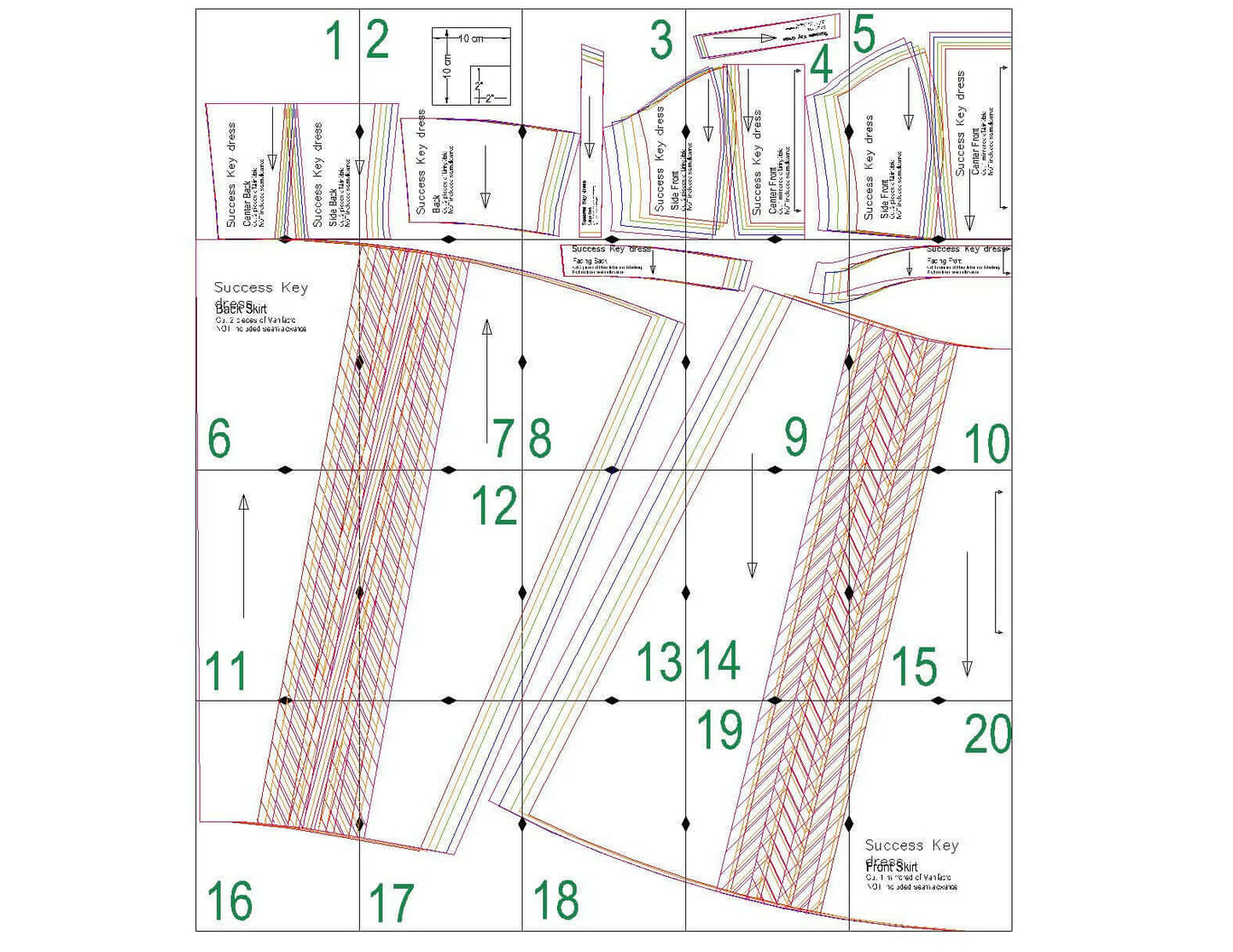 Diagramme du patron de couture PDF à télécharger pour la "Robe - XS\XL - CLÉ du SUCCÈS", niveaux intermédiaire, formats A4/A0.
