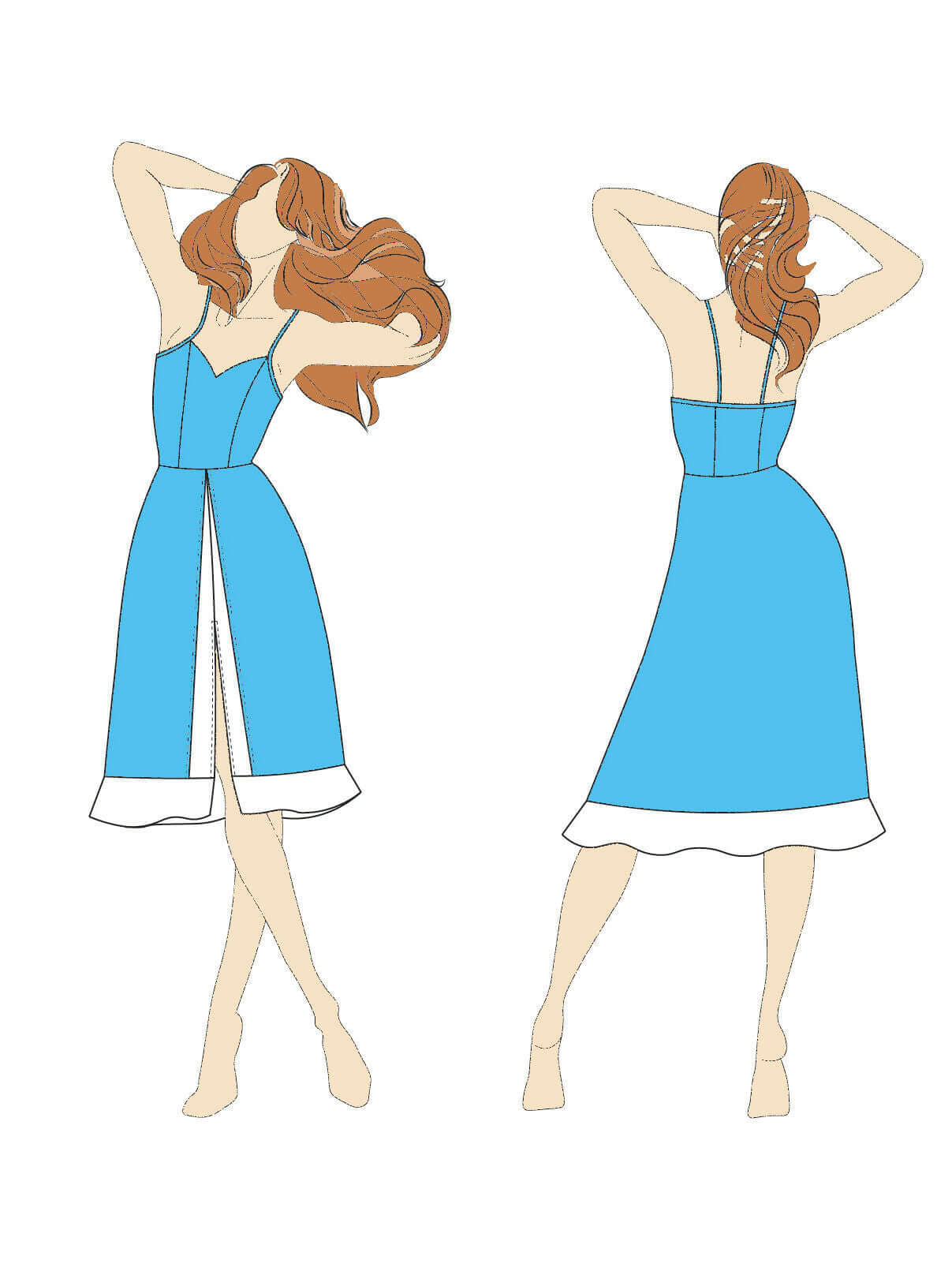 Illustration du patron de couture pdf à télécharger pour la Robe - XS/XL - DELPHINIUM. Vue avant et arrière de la robe élégante.