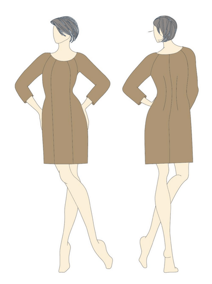 Dessin du patron de couture PDF à télécharger pour la robe - XS/XL - SOFIA, vue avant et arrière, niveau intermédiaire.