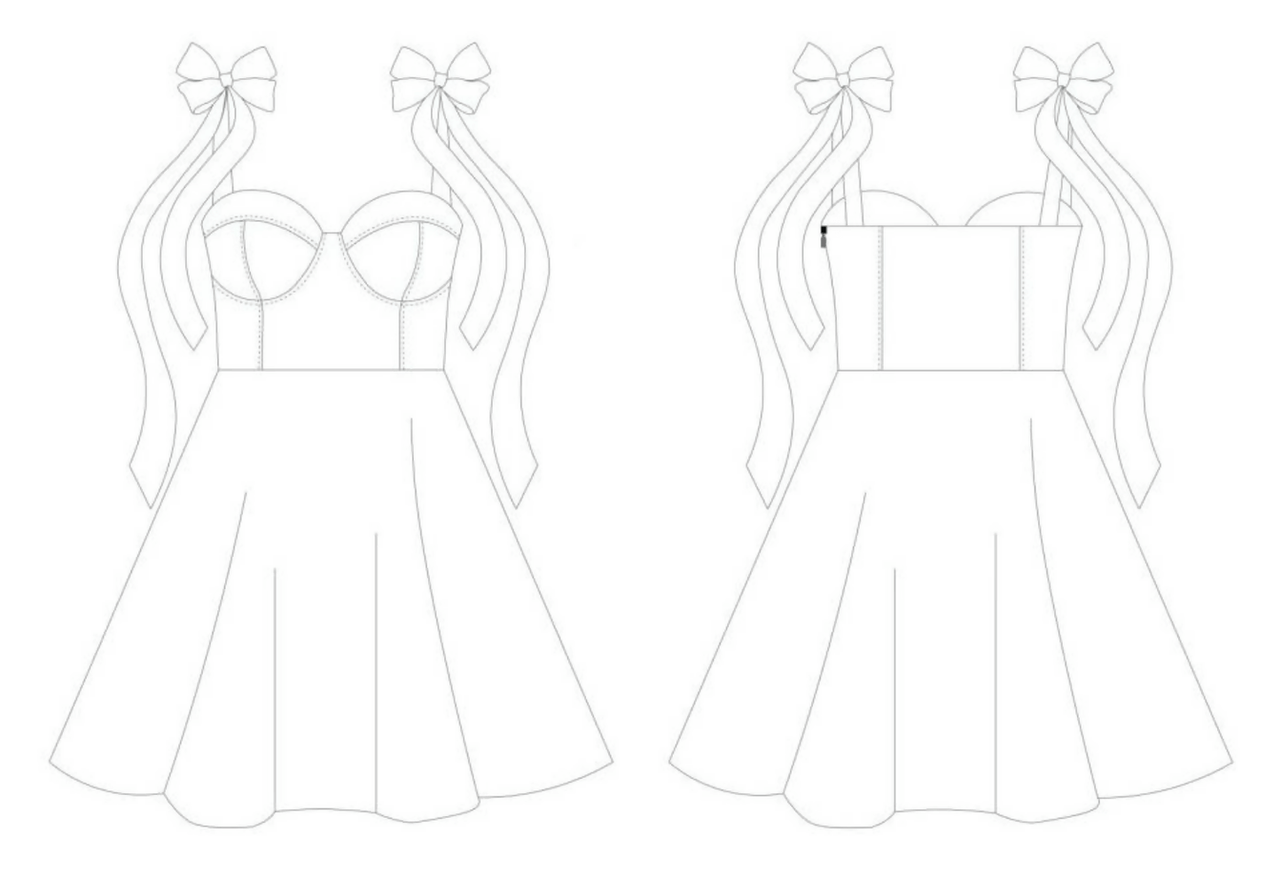 Illustration du patron de couture pdf à télécharger pour Robe - XS/XL - VANILLA, modèle avec rubans décoratifs, niveau expert.