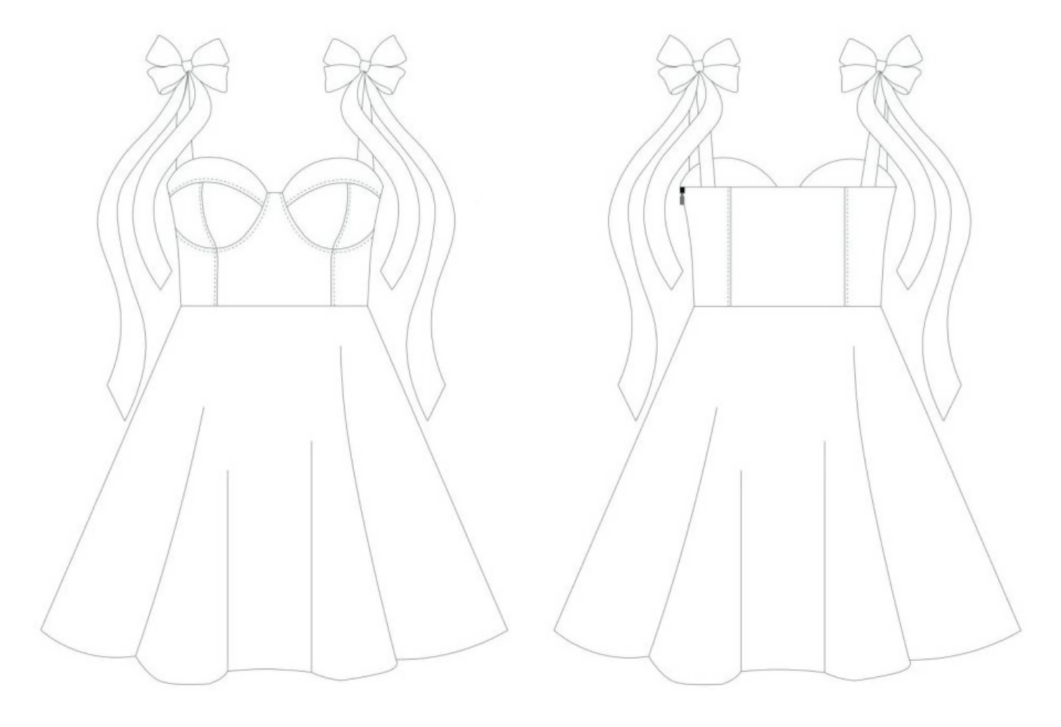 Illustration du patron de couture pdf à télécharger pour Robe - XS/XL - VANILLA, modèle avec rubans décoratifs, niveau expert.