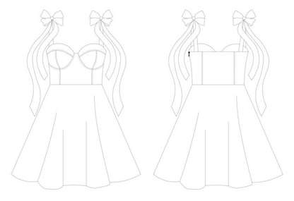 Illustration du patron de couture pdf à télécharger pour Robe - XS/XL - VANILLA, modèle avec rubans décoratifs, niveau expert.