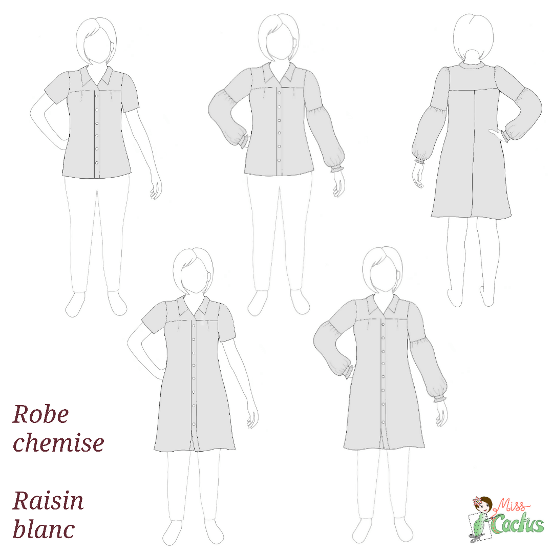 Robe chemise / Chemise « Raisin blanc » - Patron PDF du 34 au 56 (4 statures) à télécharger, illustration des modèles possibles.