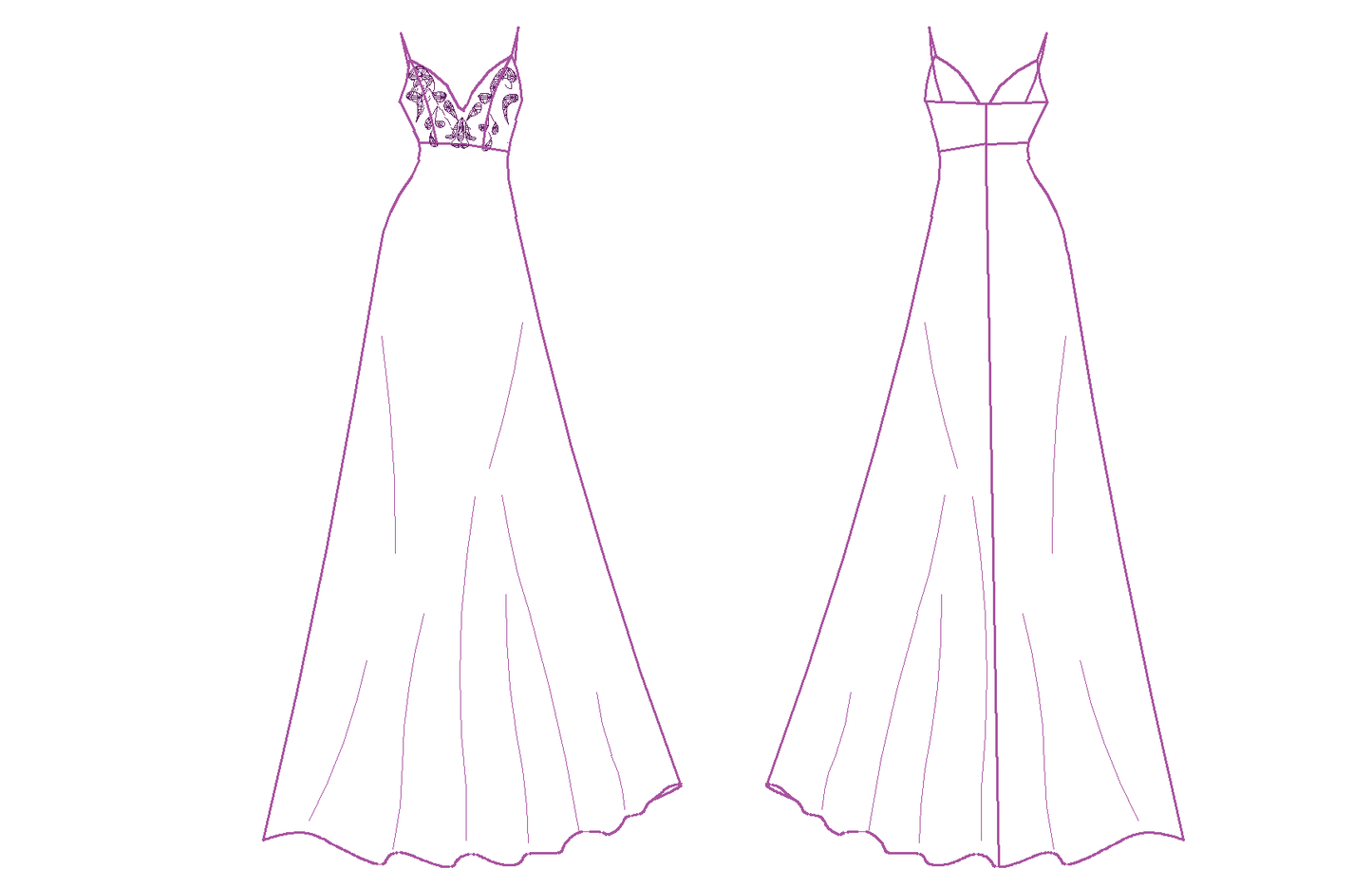 Robe de soirée - XS/M - BLACK SWAN patron de couture pdf à télécharger, illustration dos et devant avec détails de couture