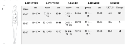 Tableau des tailles pour Robe de soirée - XS/M - BLACK SWAN, incluant mesures de hauteur, poitrine, taille, hanche en pouces et centimètres.
