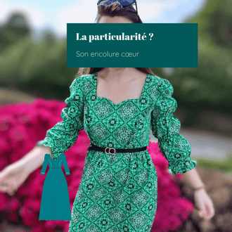 Femme portant une Robe ou Blouse Hirondelle | Taille 32 à 50, encolure cœur, patron de couture pdf à télécharger.