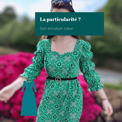 Femme portant une Robe ou Blouse Hirondelle | Taille 32 à 50, encolure cœur, patron de couture pdf à télécharger.