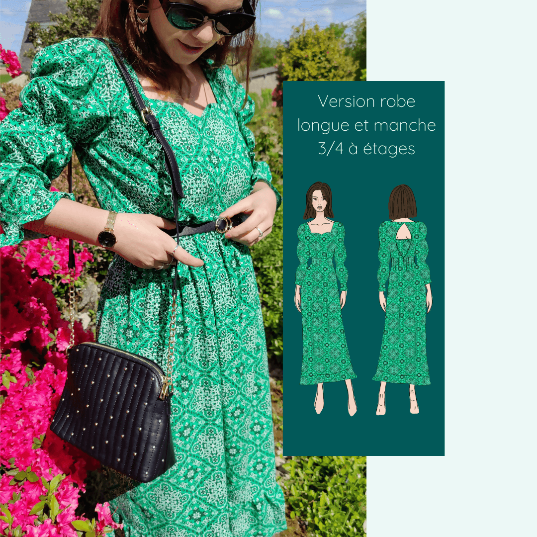 Robe ou Blouse Hirondelle | Taille 32 à 50 en vert, patron de couture pdf à télécharger, encolure cœur, coupe mi-saison