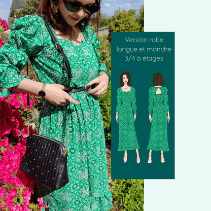 Robe ou Blouse Hirondelle | Taille 32 à 50 en vert, patron de couture pdf à télécharger, encolure cœur, coupe mi-saison