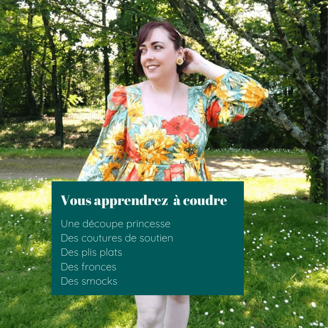 Femme portant la Robe ou Blouse Hirondelle | Taille 32 à 50 dans un jardin, patron de couture pdf à télécharger en mairie saison.