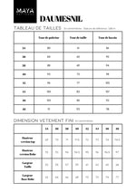 Tableau des tailles pour le patron PDF DAUMESNIL, indiquant les mesures pour robe et top en cm.