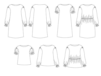 Patron PDF DAUMESNIL : robe et top avec manches froncées, style romantique et décontracté.