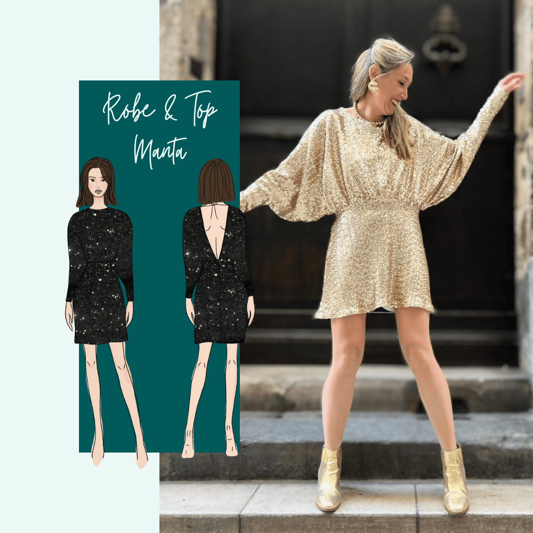 Femme portant une Robe ou Top Manta | Taille 32 à 52, patron de couture pdf à télécharger, avec manches chauve-souris dorées.