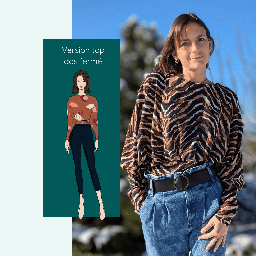 Femme portant le Robe ou Top Manta | Taille 32 à 52 avec un design à manches chauve-souris et version top dos fermé, patron de couture pdf à télécharger.