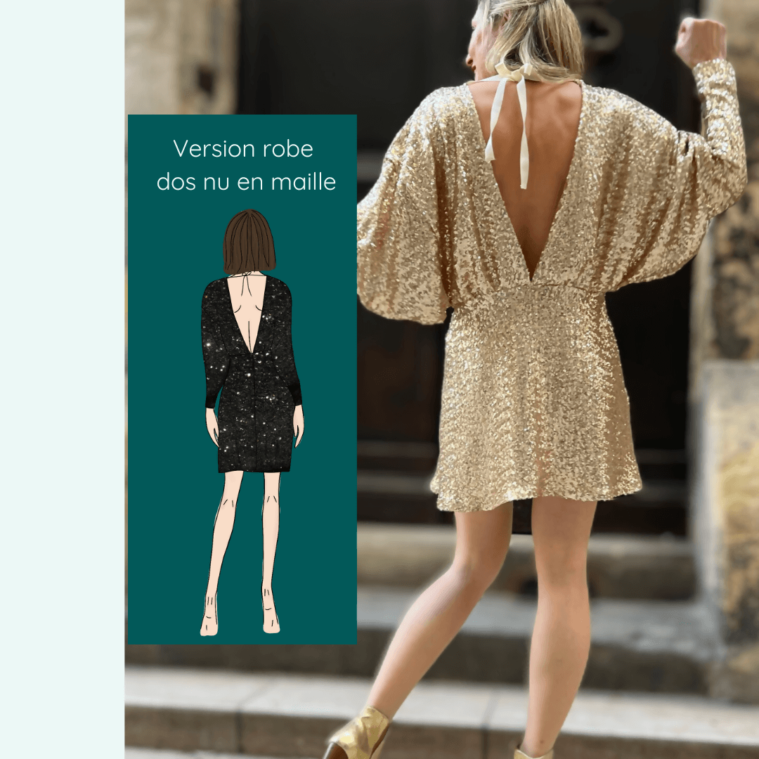 Modèle de Robe ou Top Manta | Taille 32 à 52 avec patron de couture PDF à télécharger, dos nu et manches chauve-souris.