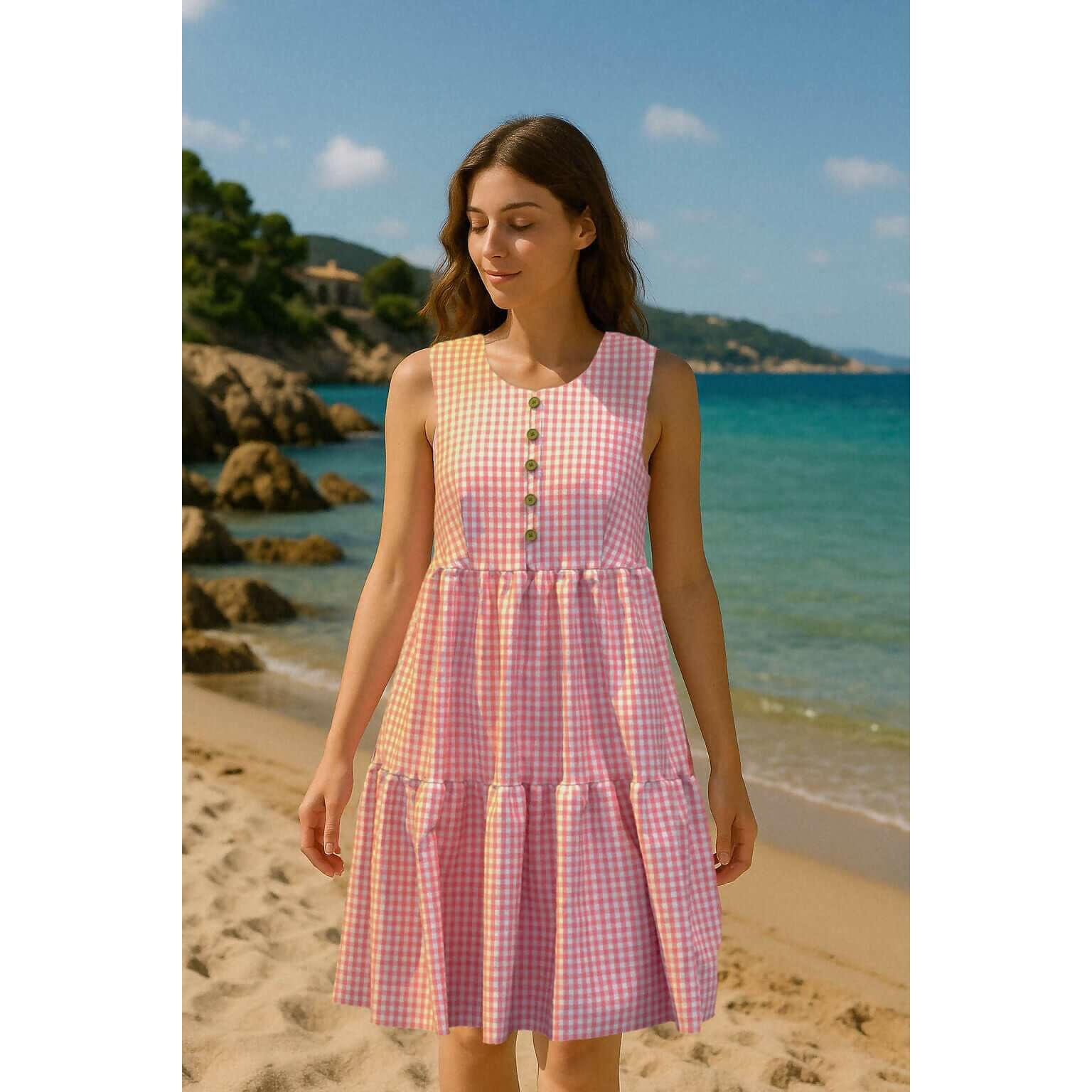 Robe ou top Sorolla en vichy rose, patron de couture pdf à télécharger, chic et contemporain sur une plage ensoleillée.