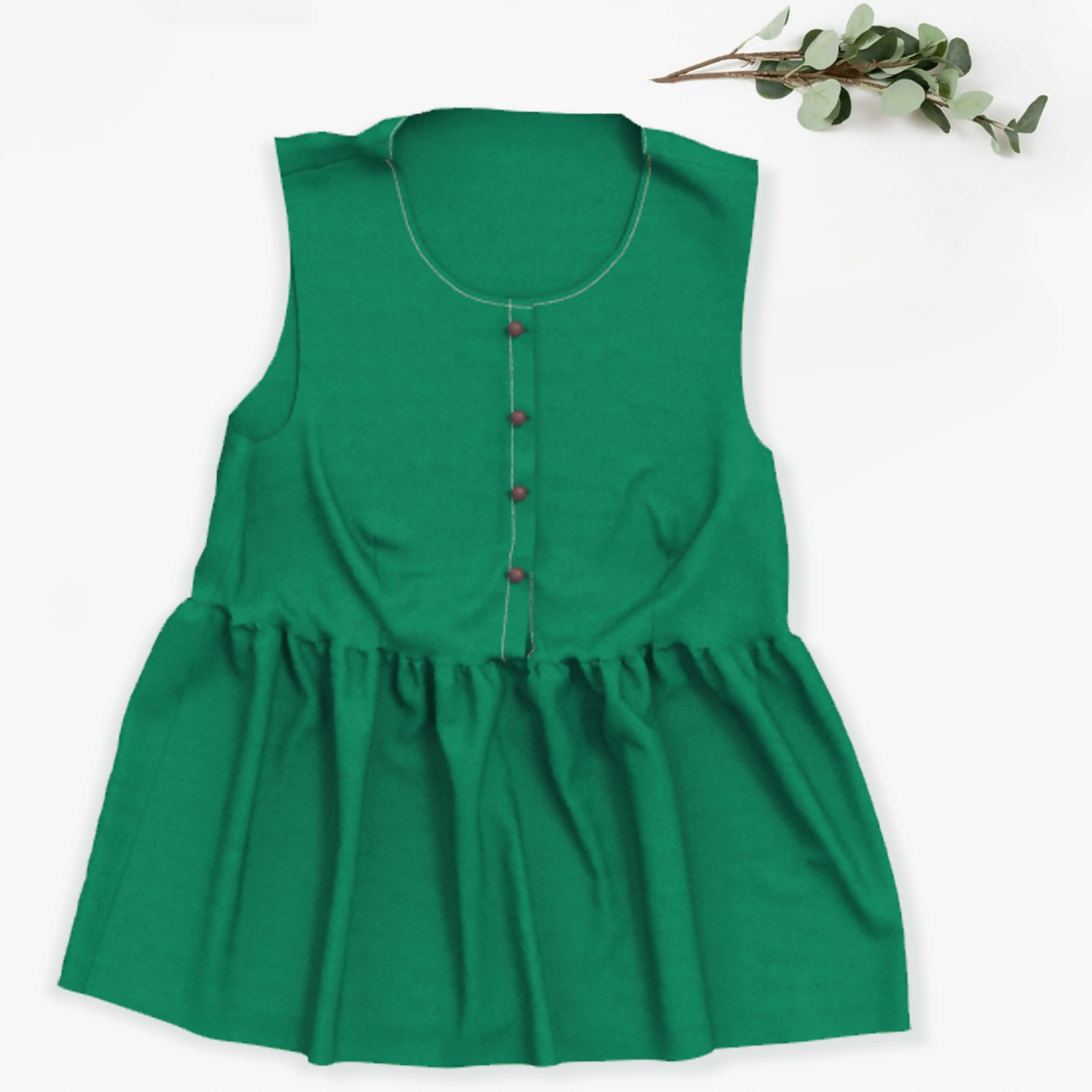 Robe ou top Sorolla vert avec haut coupe empire, patron de couture pdf à télécharger, style féminin et contemporain, sans manches.