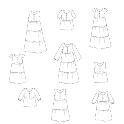 Patron de couture Robe ou top Sorolla avec variations, téléchargeable en pdf, incluant manches longues et volants multiples.