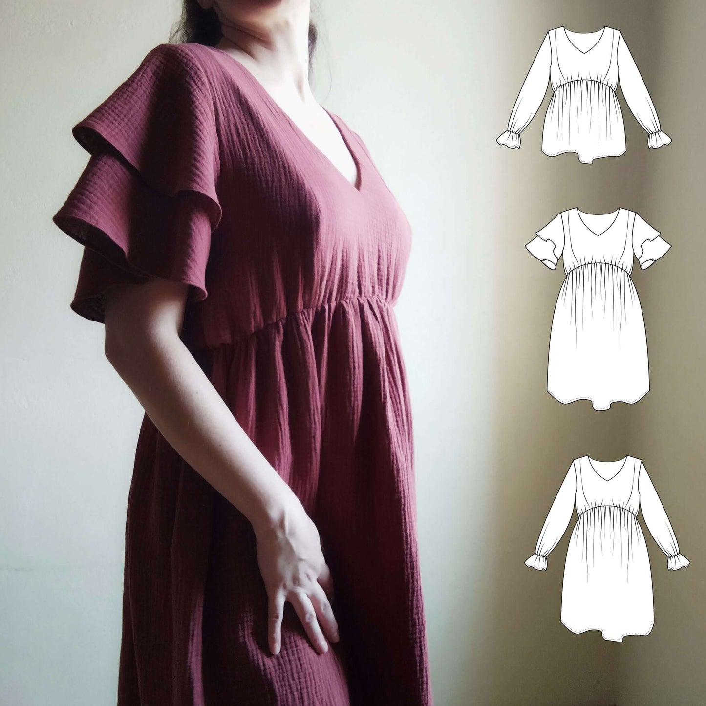 Robe/Top "Glynis" du 32 au 60, patron de couture pdf à télécharger, modèle avec manches papillons, vue de côté.