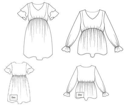 Illustration du patron de couture pdf à télécharger pour Robe/Top "Glynis" du 32 au 60, avec manches papillons et bouffantes.