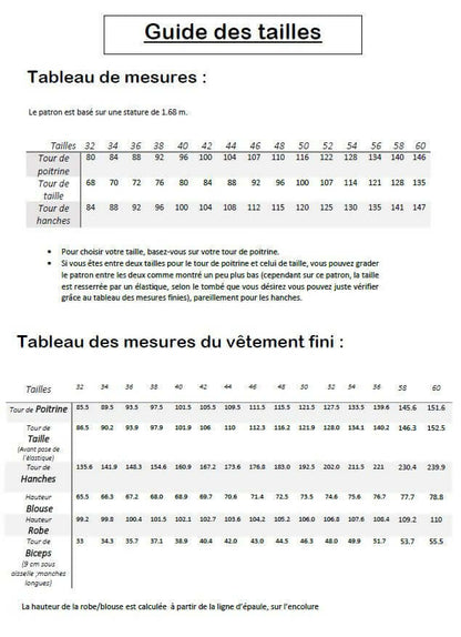 Guide des tailles pour Robe/Top "Glynis" du 32 au 60, patron de couture pdf à télécharger, tableau des mesures détaillées.