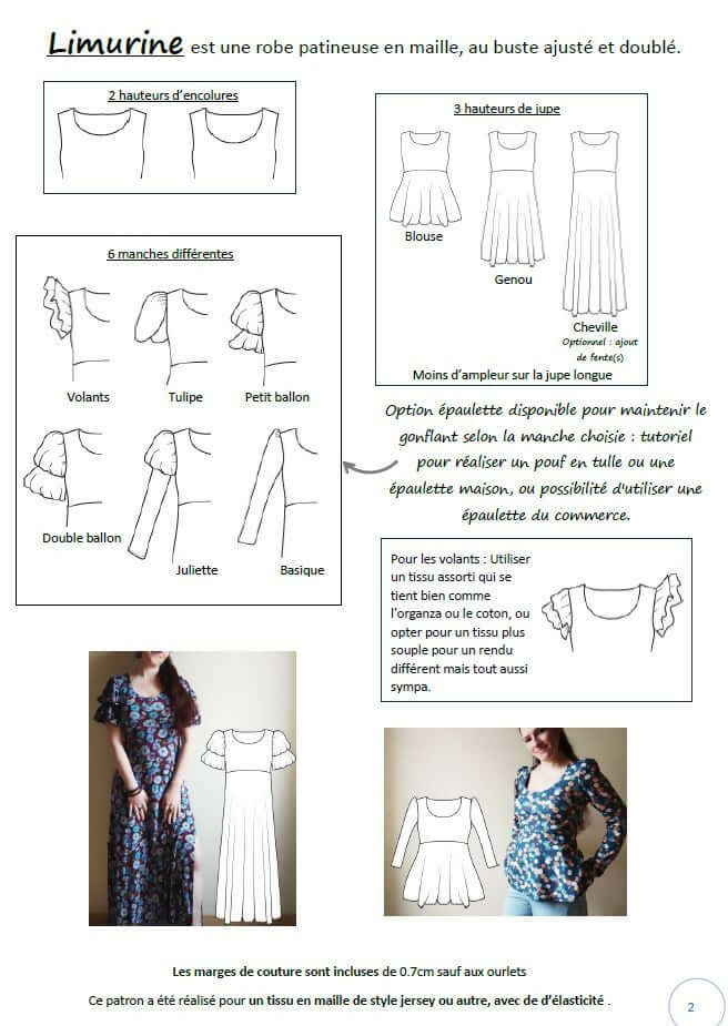Patron de couture PDF à télécharger pour Robe/Top "Limurine" du 32 au 60, modèle versatile en maille avec options de style.