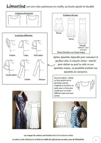 Patron de couture PDF à télécharger pour Robe/Top "Limurine" du 32 au 60, modèle versatile en maille avec options de style.