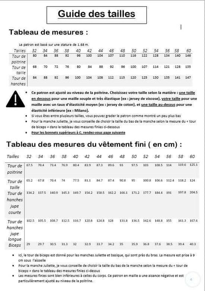 Guide des tailles pour Robe/Top "Limurine" du 32 au 60; patron de couture pdf à télécharger. Indications pour ajuster la taille.