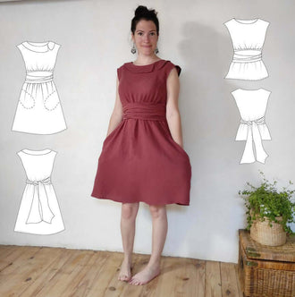 Robe/Top "Mookie" du 32 au 56 patron de couture pdf à télécharger, version années 50 avec encolure claudine et ceinture drapée.