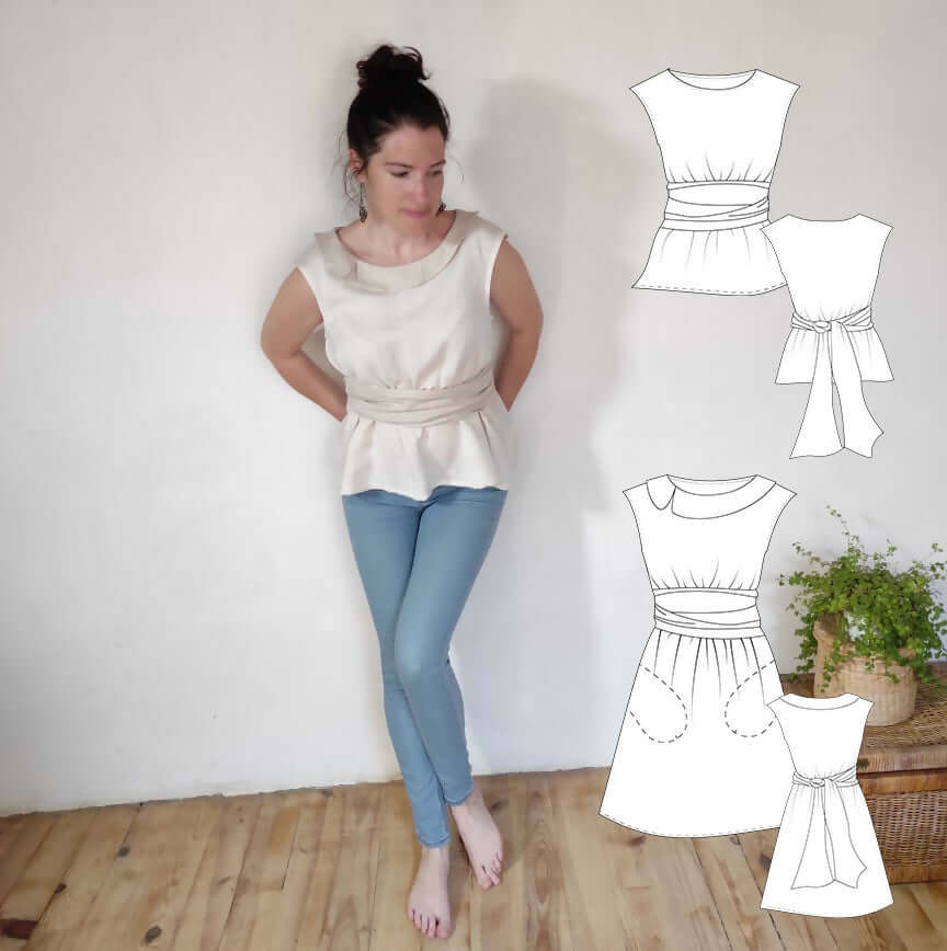 Robe/Top "Mookie" du 32 au 56, patron de couture pdf à télécharger, design années 50 avec ceinture drapée et col claudine.