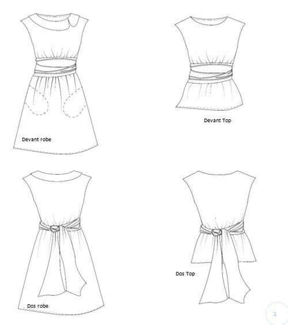 Patron de couture PDF à télécharger pour Robe/Top "Mookie" du 32 au 56, avec détails de ceinture et choix d'encolures.