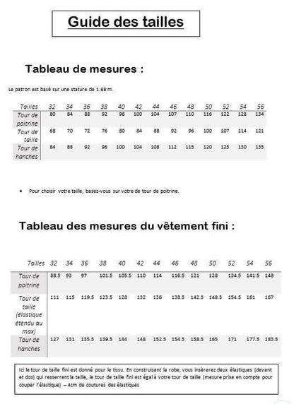 Guide des tailles pour Robe/Top "Mookie" du 32 au 56 avec patron de couture pdf à télécharger, incluant mesures et tailles finales.