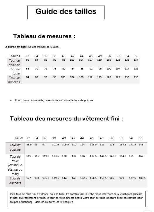 Guide des tailles pour Robe/Top "Mookie" du 32 au 56 avec patron de couture pdf à télécharger, incluant mesures et tailles finales.