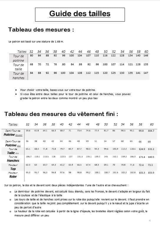 Guide des tailles pour Robe/Top "Spinule" du 32 au 60, patron de couture PDF à télécharger.