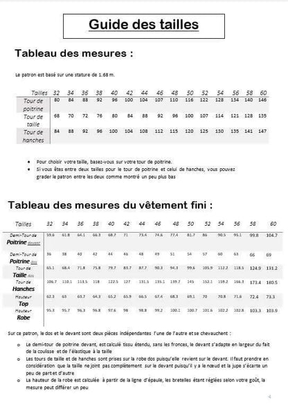 Guide des tailles pour Robe/Top "Spinule" du 32 au 60, patron de couture PDF à télécharger.
