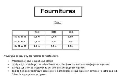 Fournitures pour Robe/Top "Spinule" du 32 au 60, patron de couture PDF à télécharger, détails des tissus et élastiques nécessaires.