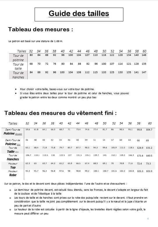 Guide des tailles pour Robe/Top "Spinule" du 32 au 60, patron de couture pdf à télécharger avec tableaux des mesures.