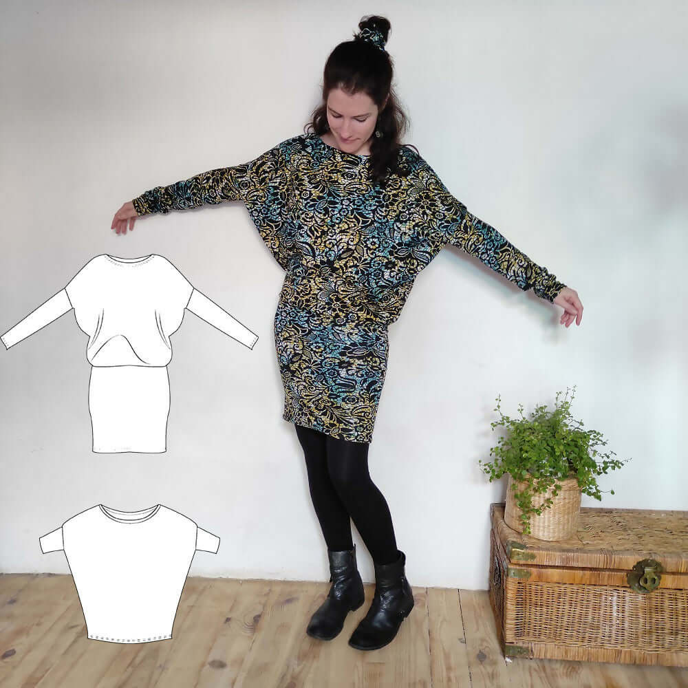 Femme portant la robe/top "Zanka" à encolure bateau, style ample avec jupe moulante, disponible du 32 au 56.