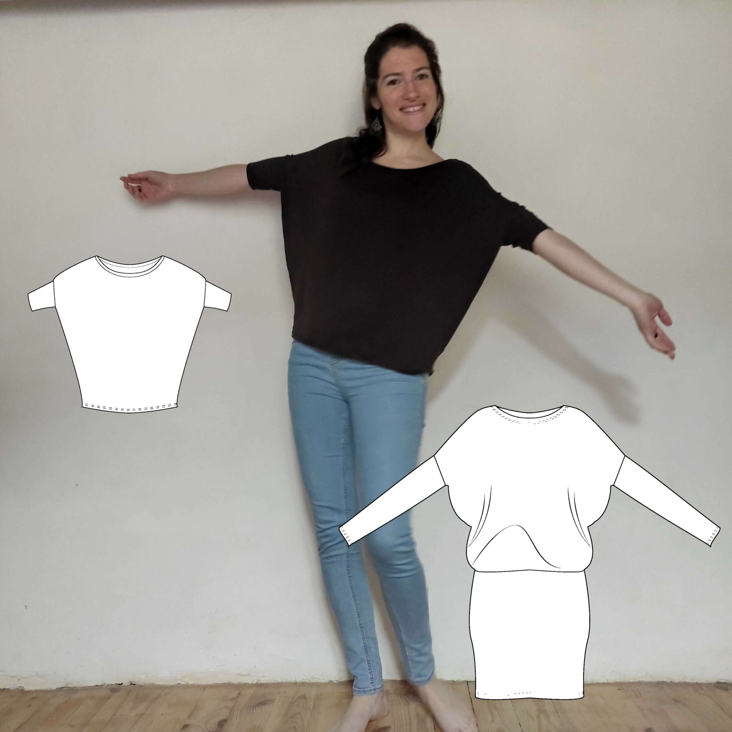 Femme en robe Zanka, à encolure bateau, montrant le contraste entre le buste ample et la jupe moulante.